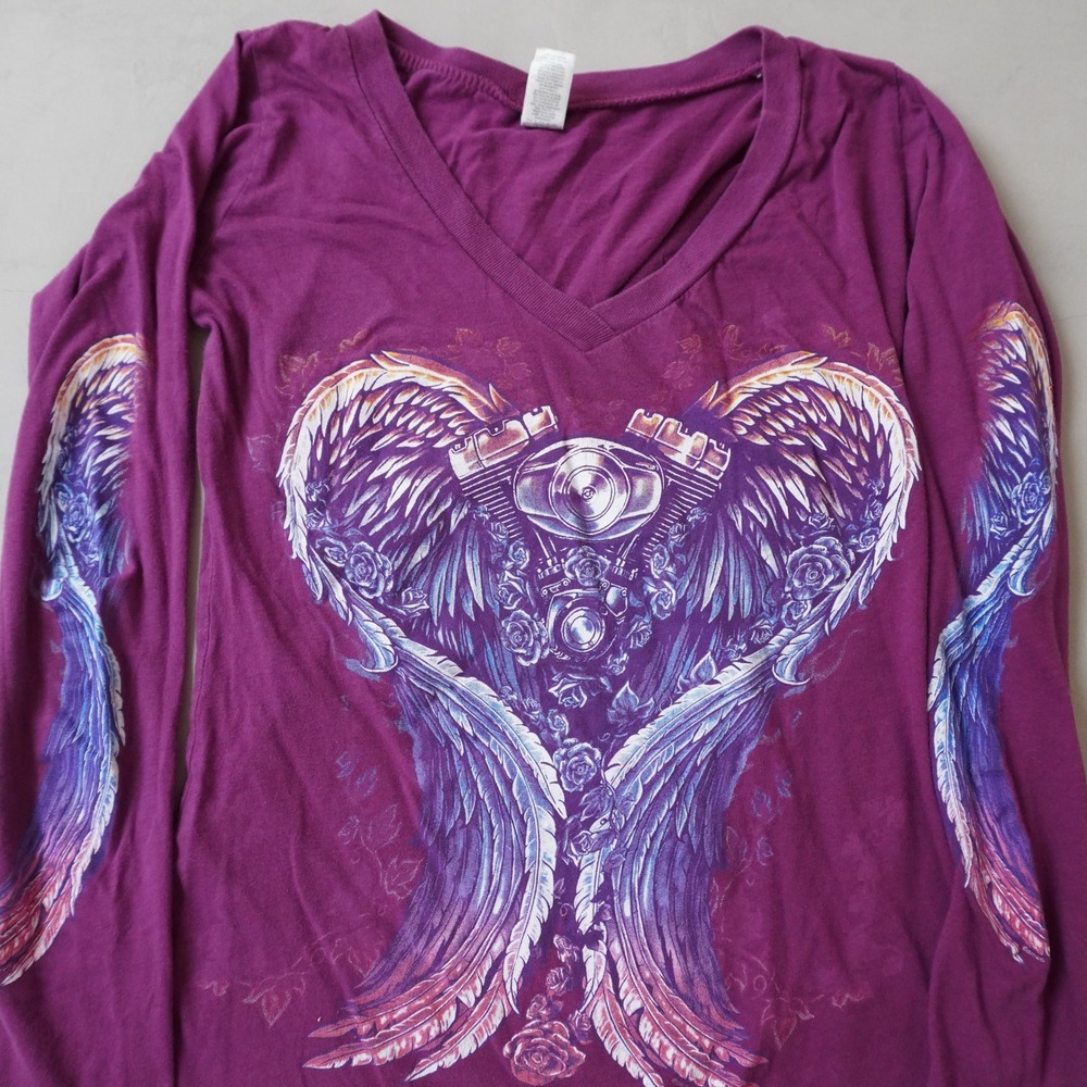 Vintage Y2K V-Neck Long Sleeve Shirt Small Purple Motorcycle Engine Wings Biker - Picture 3 of 8